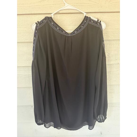 White House Black Market Size 12 Black Embroidered Boho Blouse Sheer Sleeve Top - Picture 5 of 5